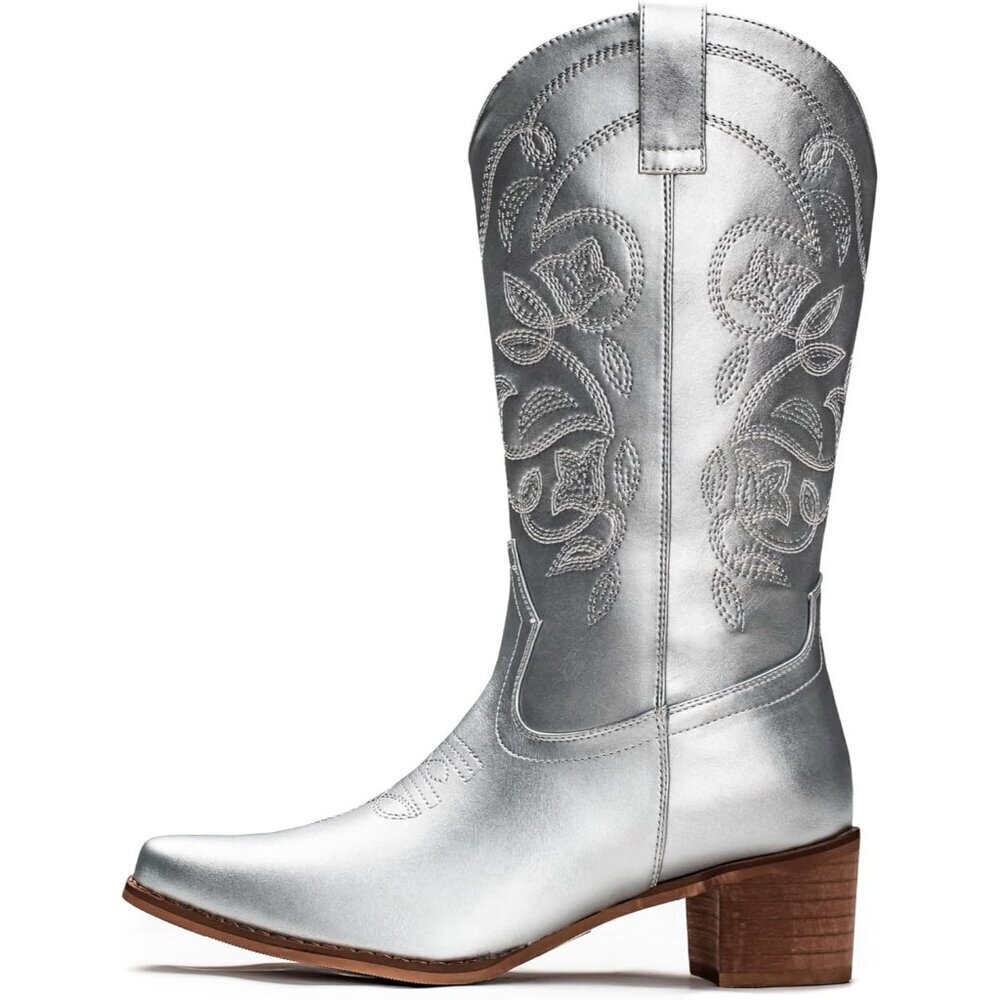 Women's Silver Pointy Toe Faux Leather Western Cowgirl Mid Calf Boots - Picture 4 of 6